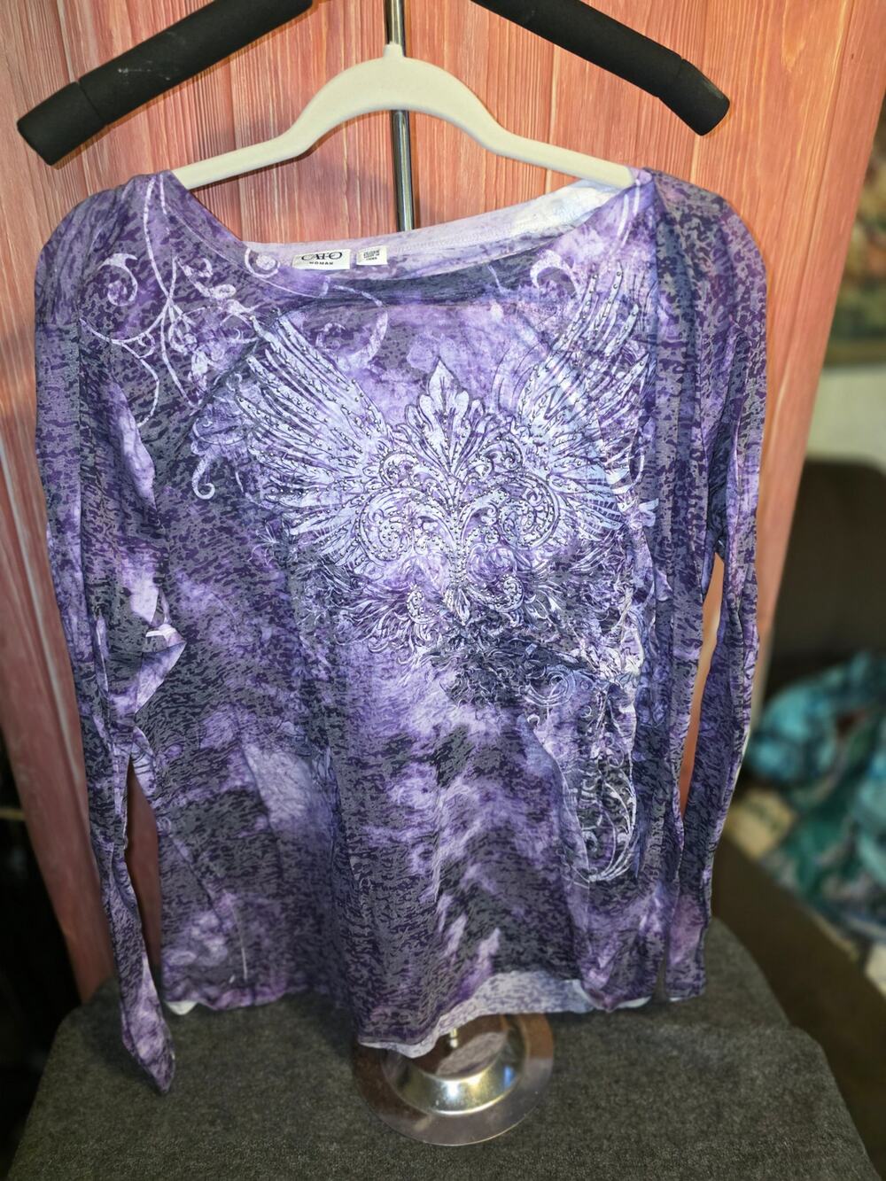 Cato Womens 26/28W Purple Acid Wash Graphic Top Rhinestone Wing Y2K Long Sleeve